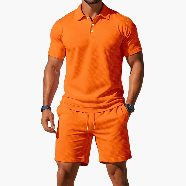 Co Ord Set Mens Polo Shirt Drawstring Shorts Waffle Texture Short Sleeve Holiday - image 3
