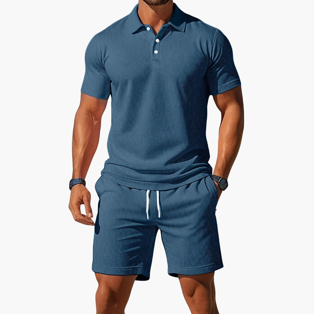 Co Ord Set Mens Polo Shirt Drawstring Shorts Waffle Texture Short Sleeve Holiday - image 4