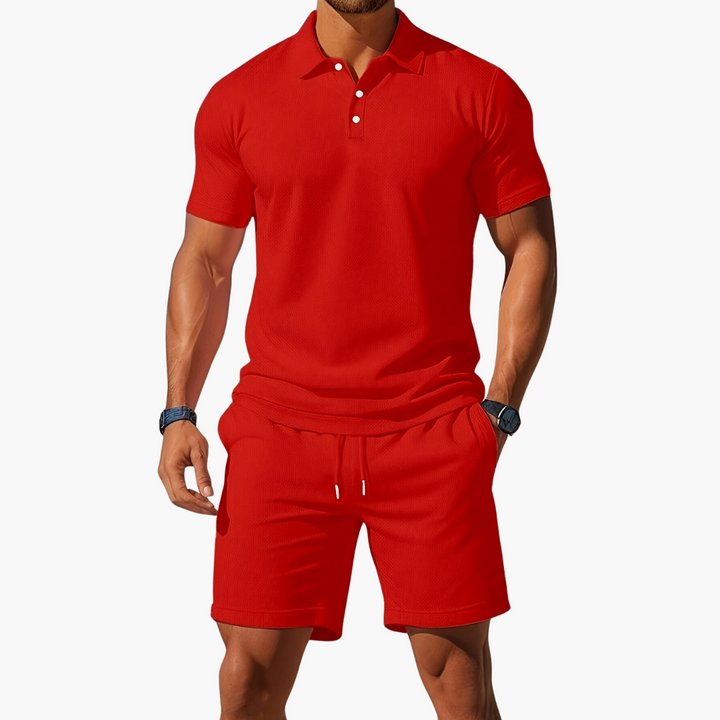 Co Ord Set Mens Polo Shirt Drawstring Shorts Waffle Texture Short Sleeve Holiday - image 5
