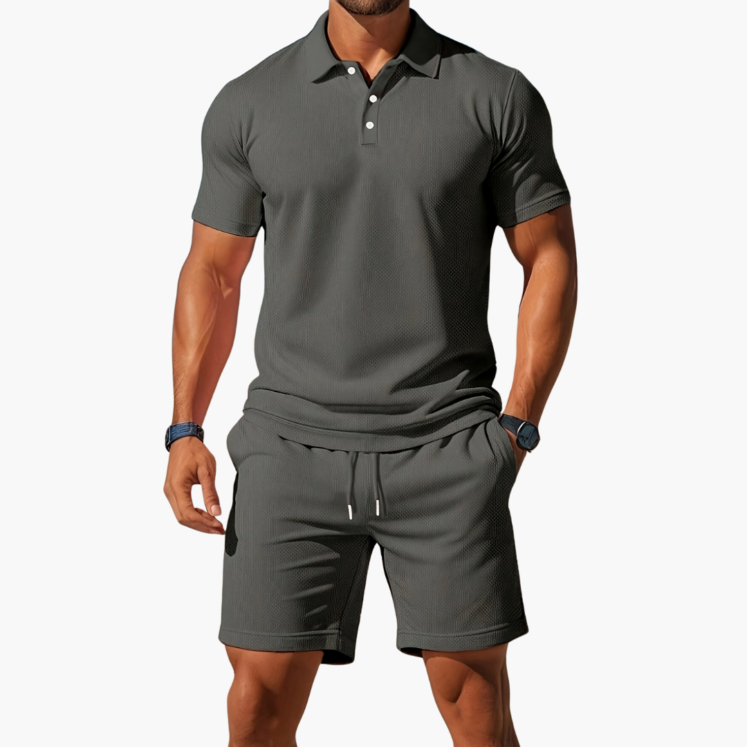 Co Ord Set Mens Polo Shirt Drawstring Shorts Waffle Texture Short Sleeve Holiday - image 6