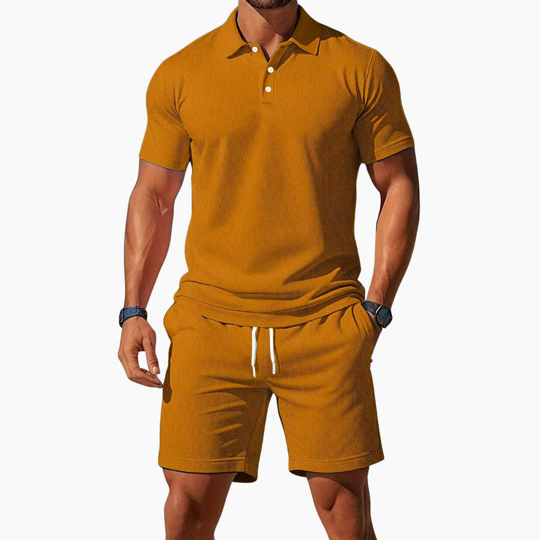 Co Ord Set Mens Polo Shirt Drawstring Shorts Waffle Texture Short Sleeve Holiday - image 9