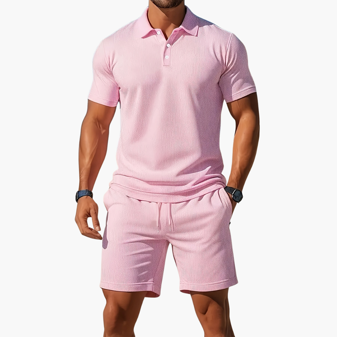 Co Ord Set Mens Polo Shirt Drawstring Shorts Waffle Texture Short Sleeve Holiday - image 10