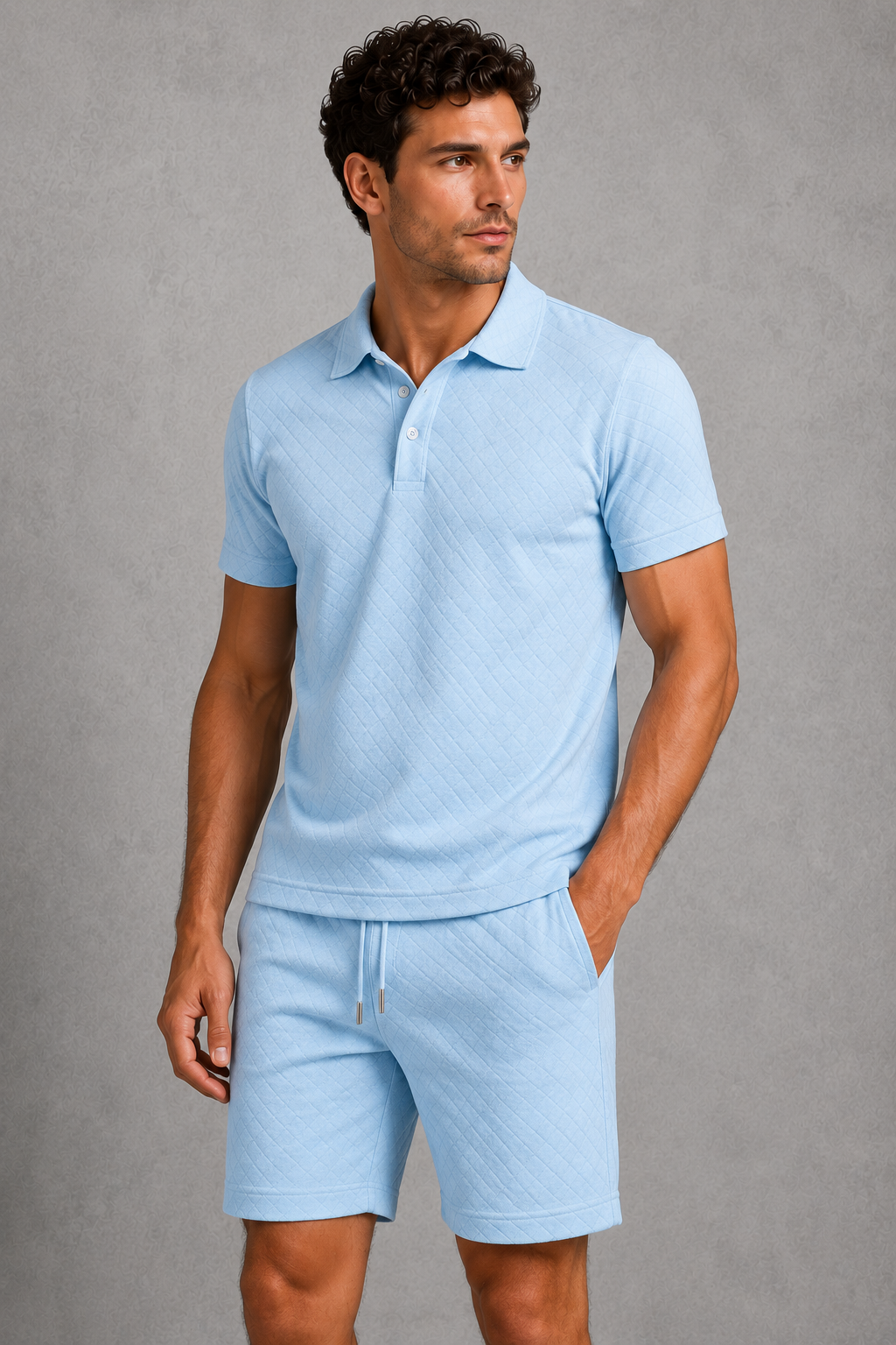 Co Ord Set Mens Textured Polo Shirt and Drawstring Shorts Button Placket Holiday Resort - image 1