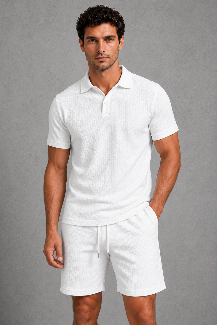 Co Ord Set Mens Textured Polo Shirt and Drawstring Shorts Button Placket Holiday Resort - image 2