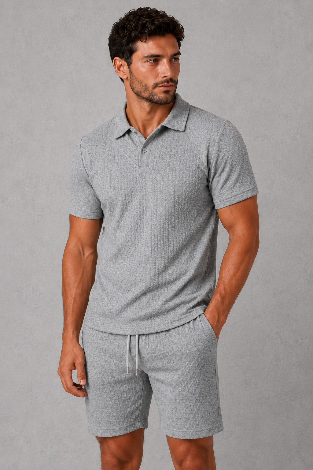 Co Ord Set Mens Textured Polo Shirt and Drawstring Shorts Button Placket Holiday Resort - image 3