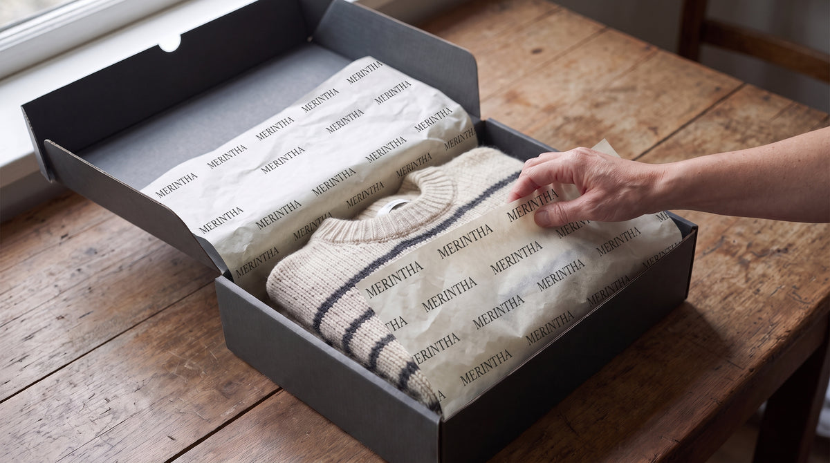 A Merintha knit folded in branded tissue paper inside a grey Merintha gift box