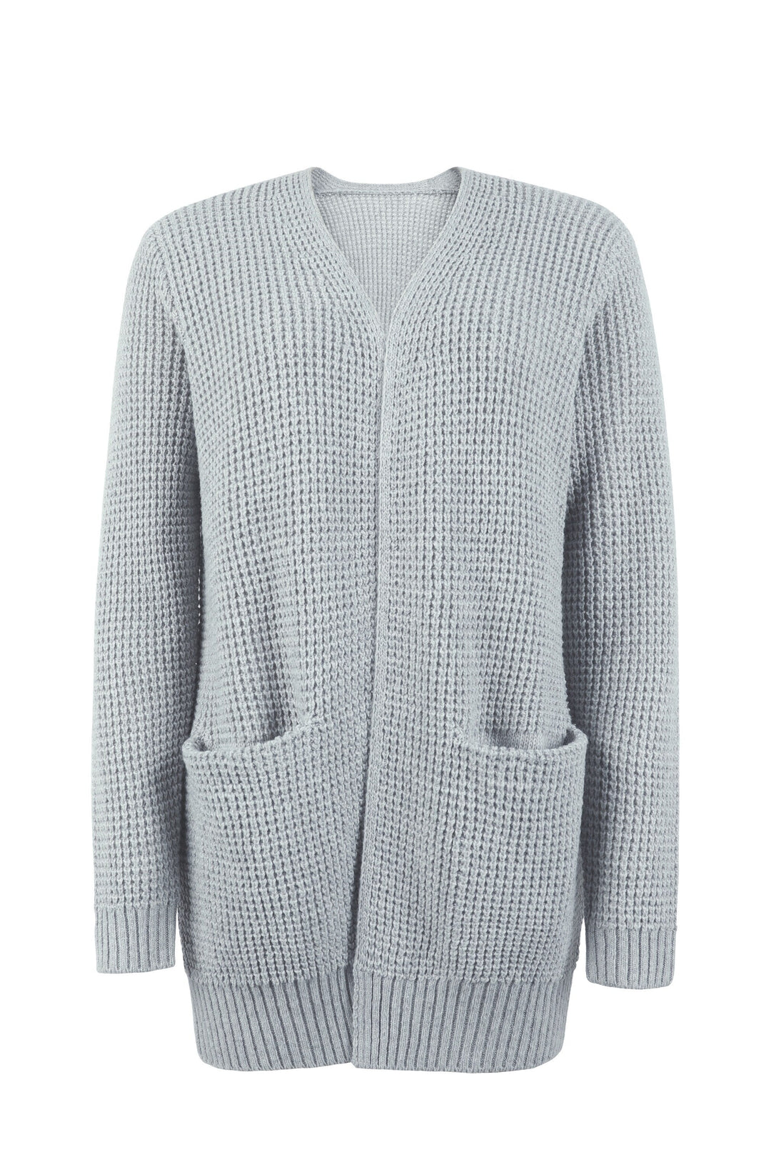 Cardigan Womens Open Front Waffle Knit Patch Pockets Mid Hip Length - image 6