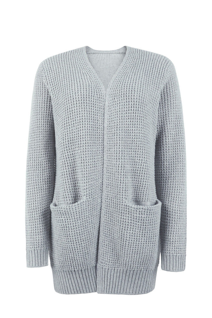 Cardigan Womens Open Front Waffle Knit Patch Pockets Mid Hip Length - image 6