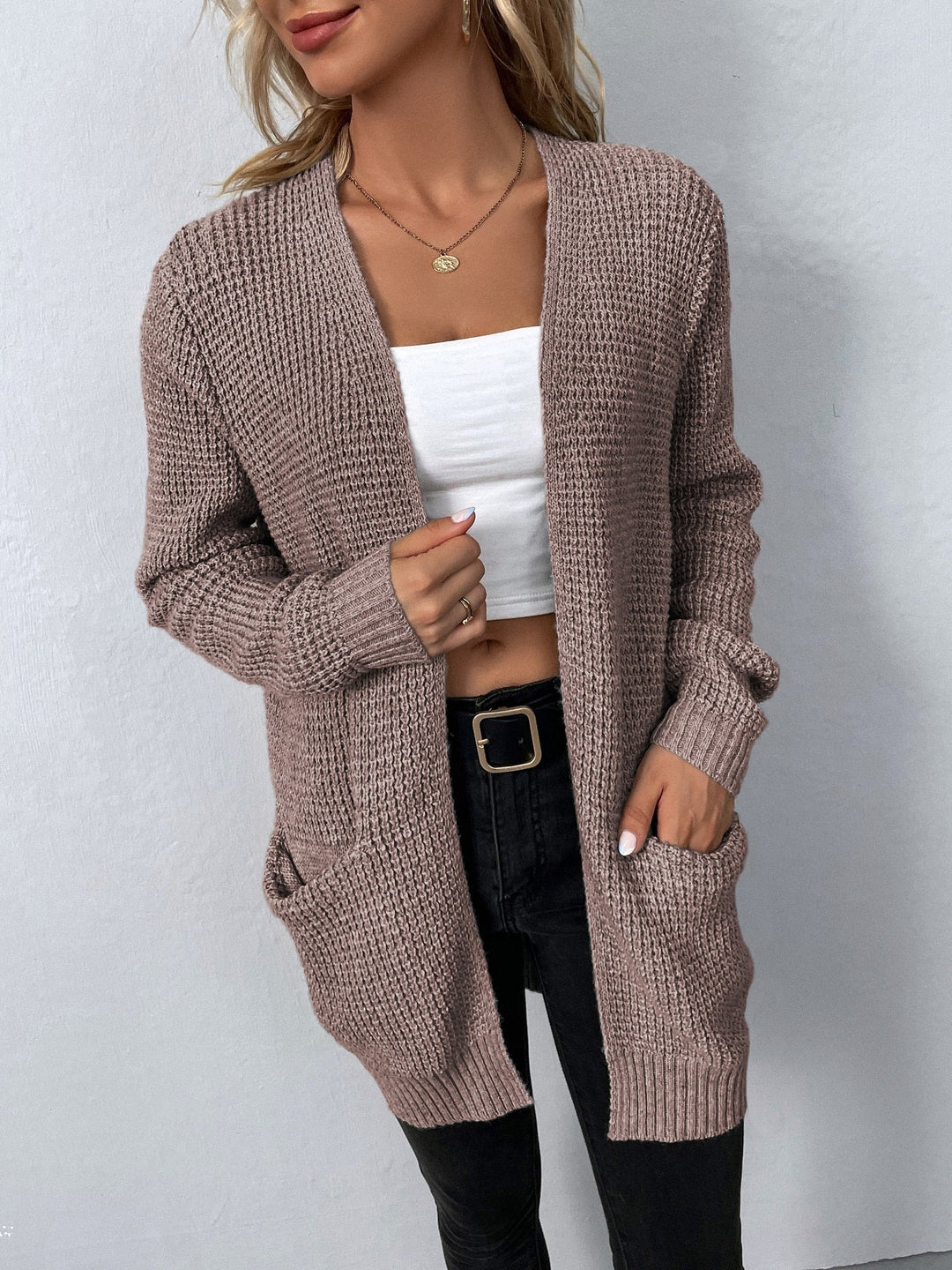 Cardigan Womens Open Front Waffle Knit Patch Pockets Mid Hip Length - image 8