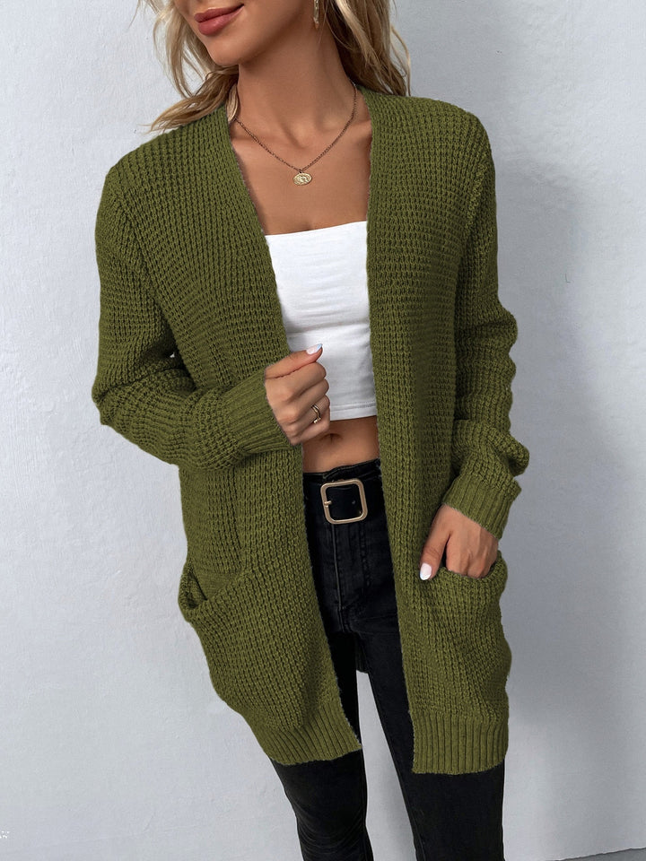 Cardigan Womens Open Front Waffle Knit Patch Pockets Mid Hip Length - image 14