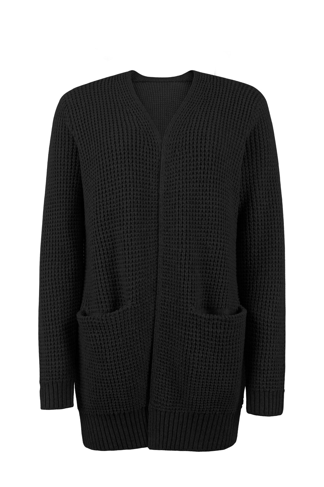 Cardigan Womens Open Front Waffle Knit Patch Pockets Mid Hip Length - image 12
