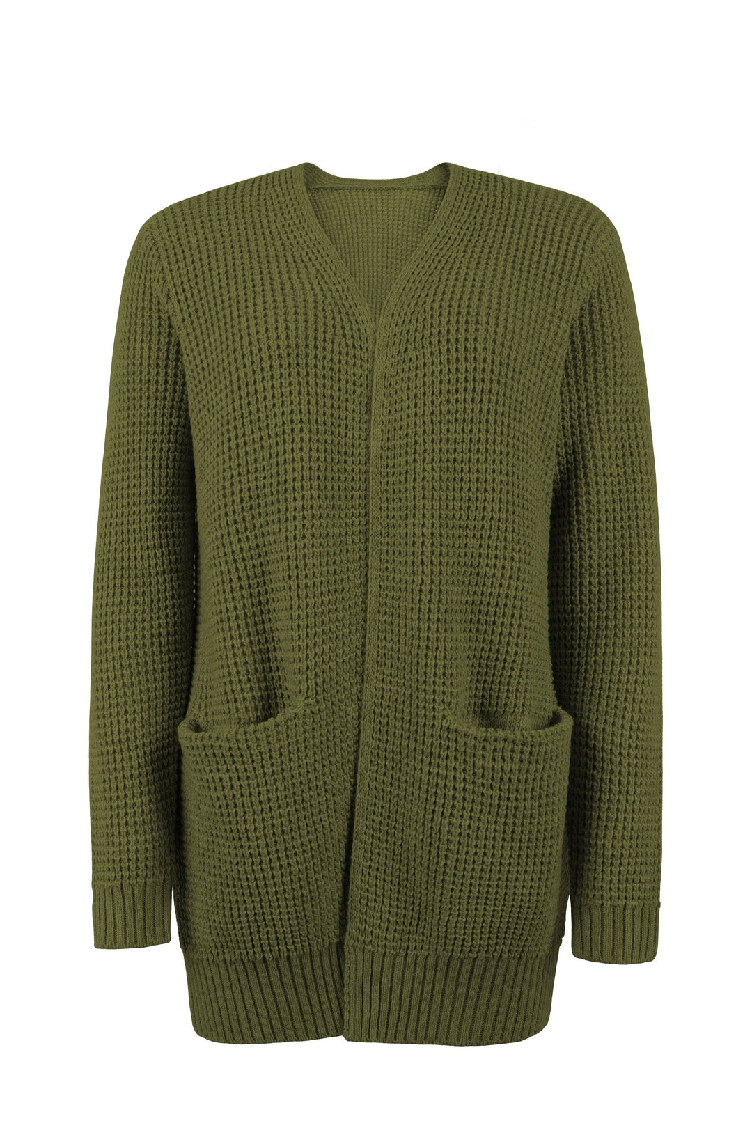 Cardigan Womens Open Front Waffle Knit Patch Pockets Mid Hip Length - image 15