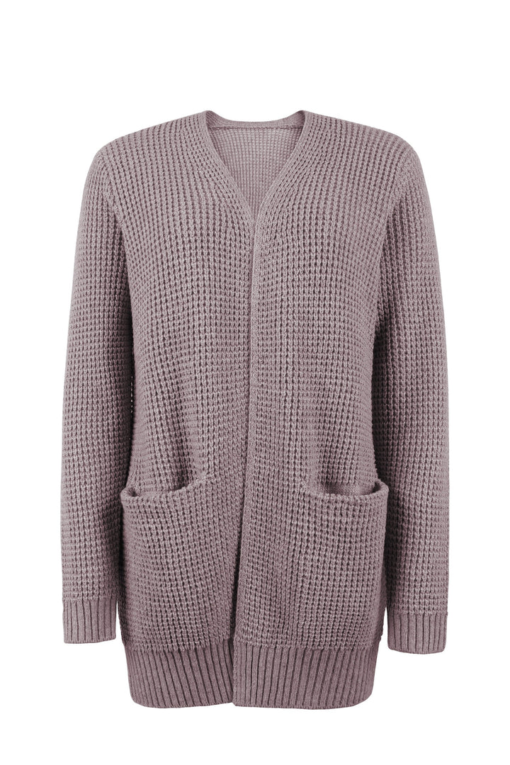 Cardigan Womens Open Front Waffle Knit Patch Pockets Mid Hip Length - image 9