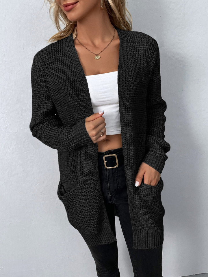 Cardigan Womens Open Front Waffle Knit Patch Pockets Mid Hip Length - image 11