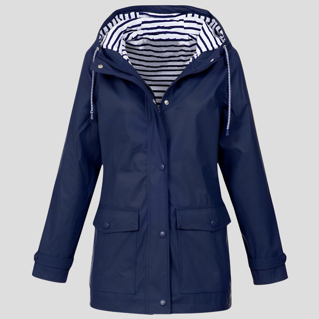 Hooded Raincoat Womens Striped Lined Hood Snap Button Flap Pockets Drawstring - image 3