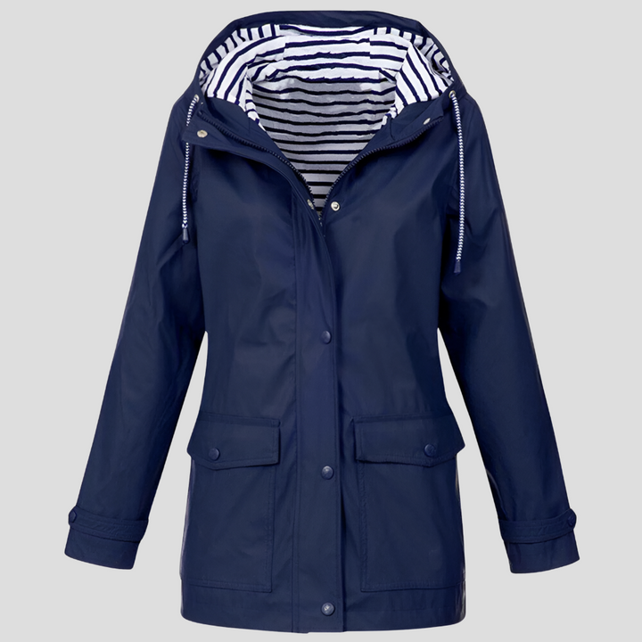 Hooded Raincoat Womens Striped Lined Hood Snap Button Flap Pockets Drawstring - image 3