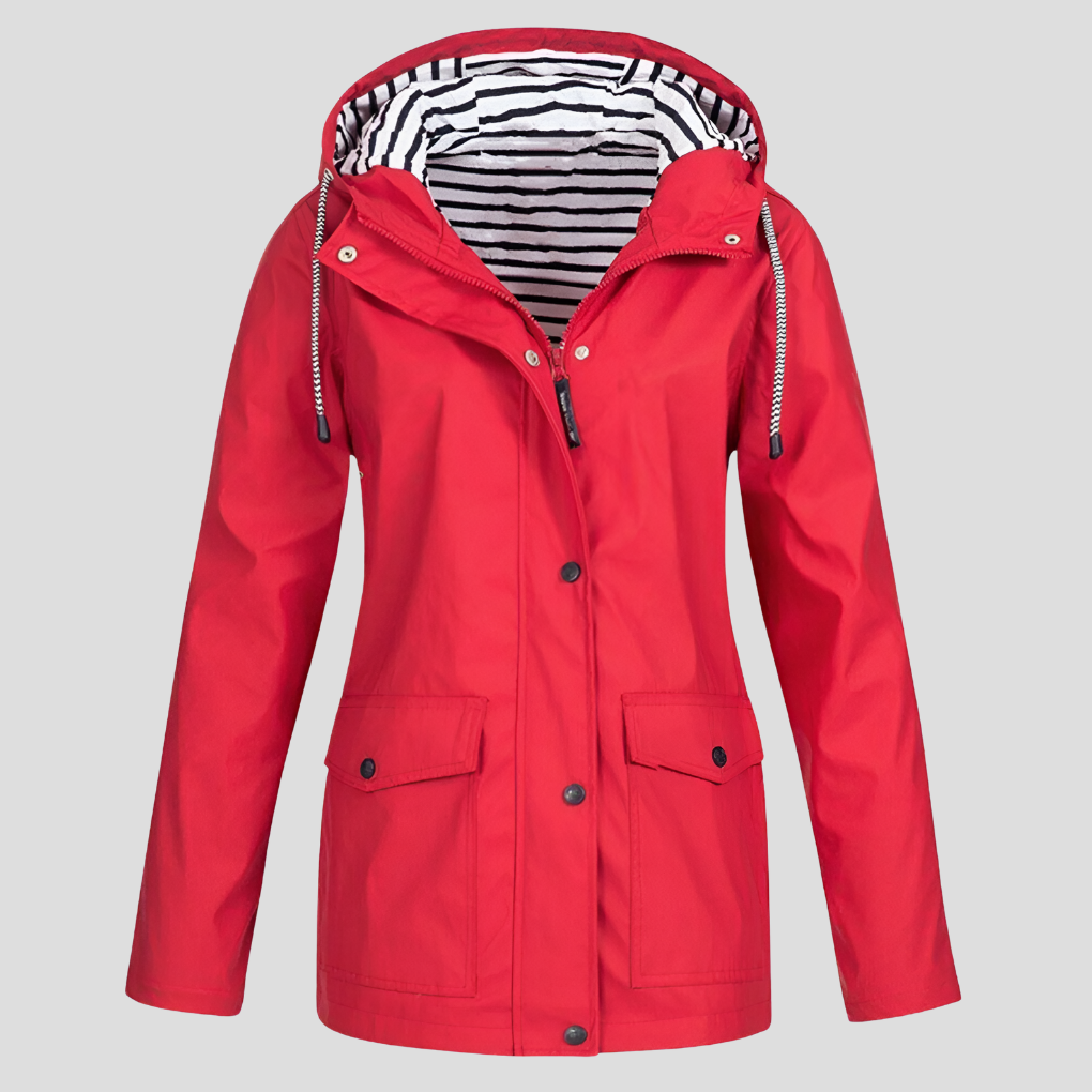 Hooded Raincoat Womens Striped Lined Hood Snap Button Flap Pockets Drawstring - image 5