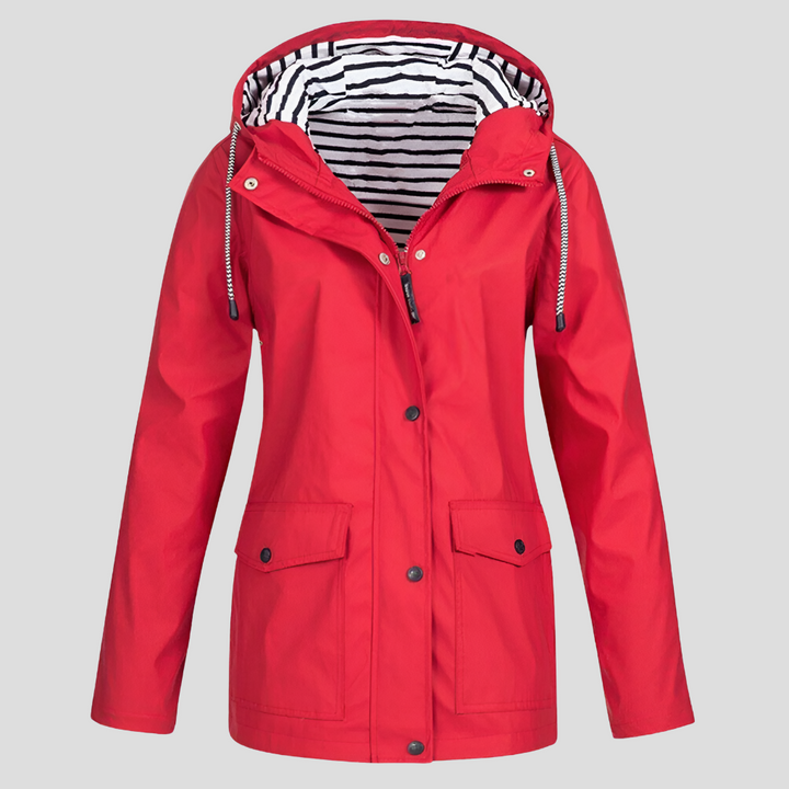 Hooded Raincoat Womens Striped Lined Hood Snap Button Flap Pockets Drawstring - image 5