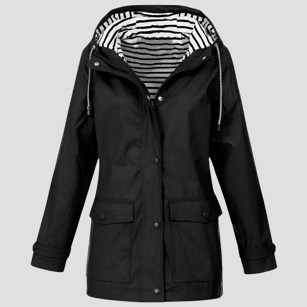 Hooded Raincoat Womens Striped Lined Hood Snap Button Flap Pockets Drawstring - image 2