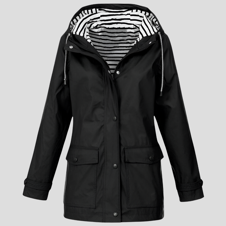 Hooded Raincoat Womens Striped Lined Hood Snap Button Flap Pockets Drawstring - image 2
