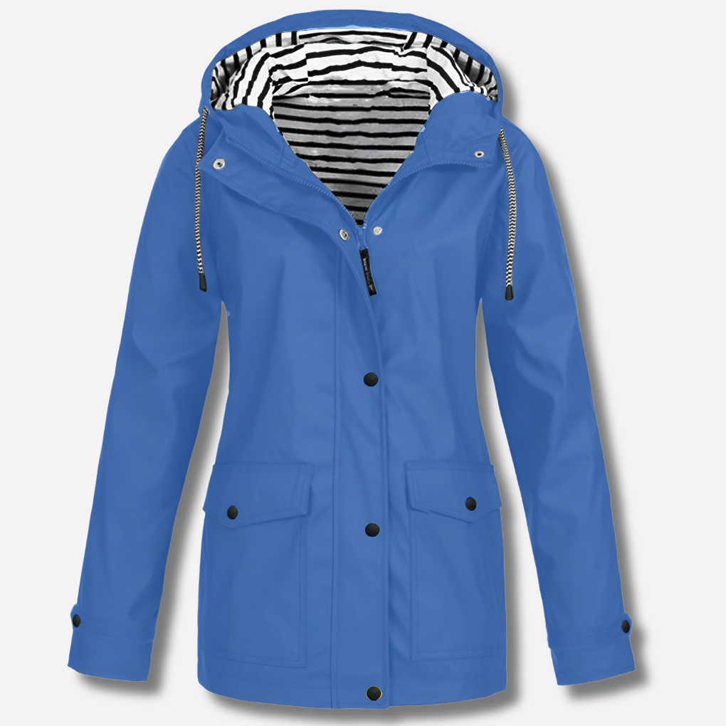 Hooded Raincoat Womens Striped Lined Hood Snap Button Flap Pockets Drawstring - image 4