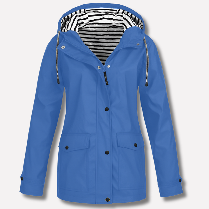 Hooded Raincoat Womens Striped Lined Hood Snap Button Flap Pockets Drawstring - image 4