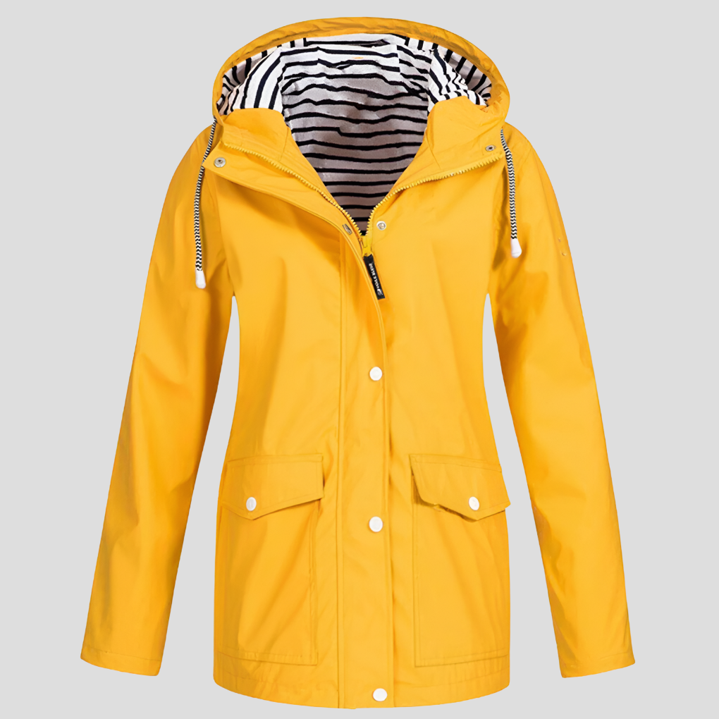 Hooded Raincoat Womens Striped Lined Hood Snap Button Flap Pockets Drawstring - image 1