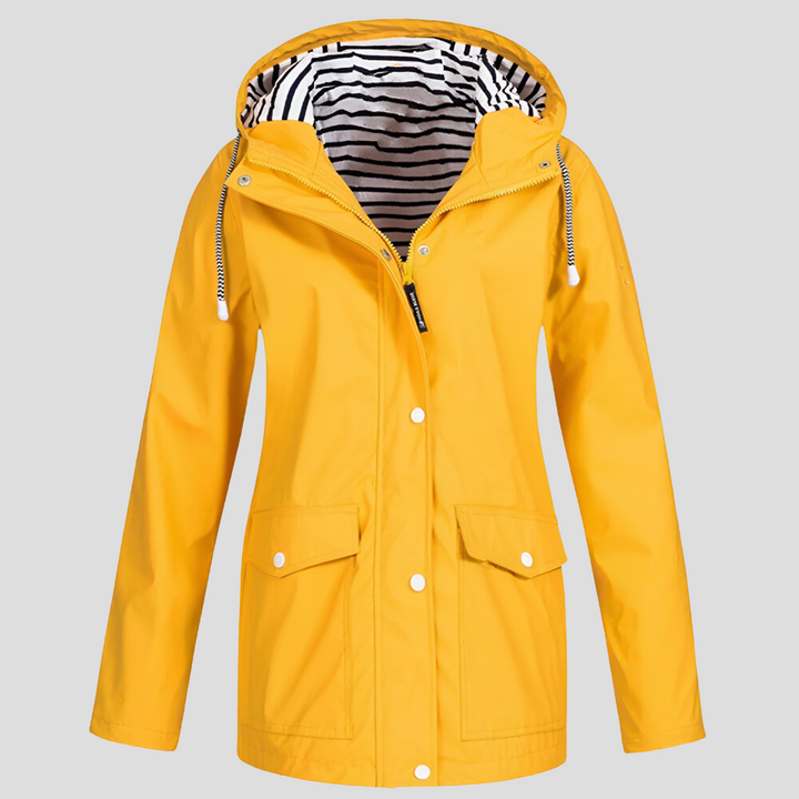 Hooded Raincoat Womens Striped Lined Hood Snap Button Flap Pockets Drawstring - image 1