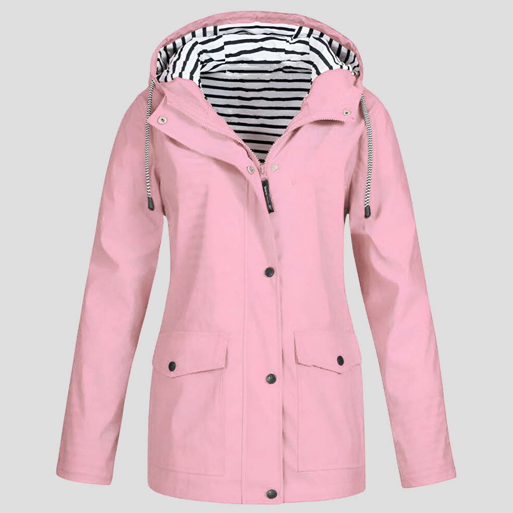 Hooded Raincoat Womens Striped Lined Hood Snap Button Flap Pockets Drawstring - image 6