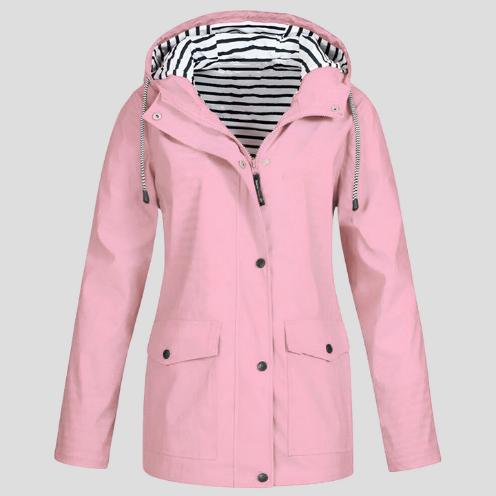 Hooded Raincoat Womens Striped Lined Hood Snap Button Flap Pockets Drawstring - image 6
