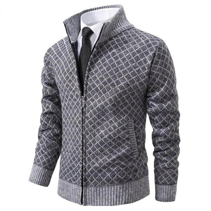 Zip Cardigan Mens Diamond Knit Stand Collar Side Pockets Ribbed Hem Slim Fit - image 3