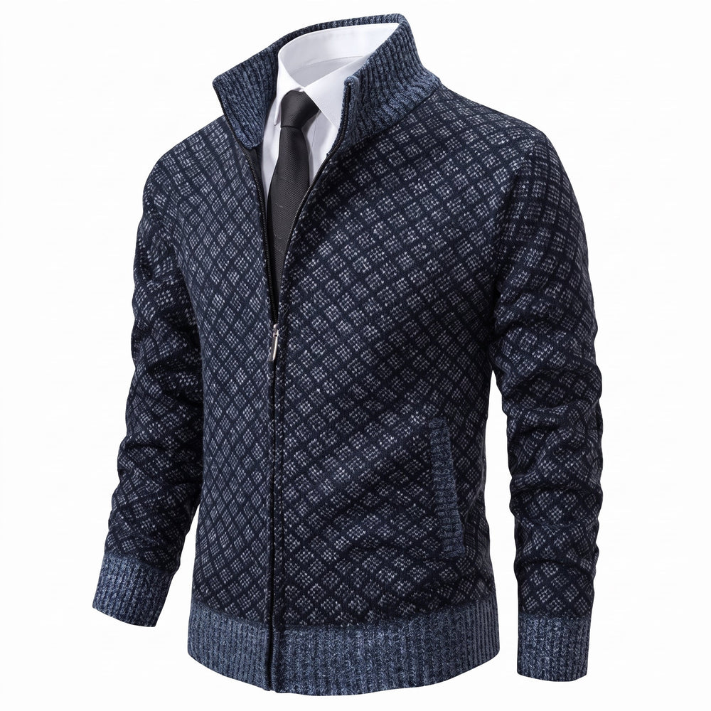 Zip Cardigan Mens Diamond Knit Stand Collar Side Pockets Ribbed Hem Slim Fit - image 2