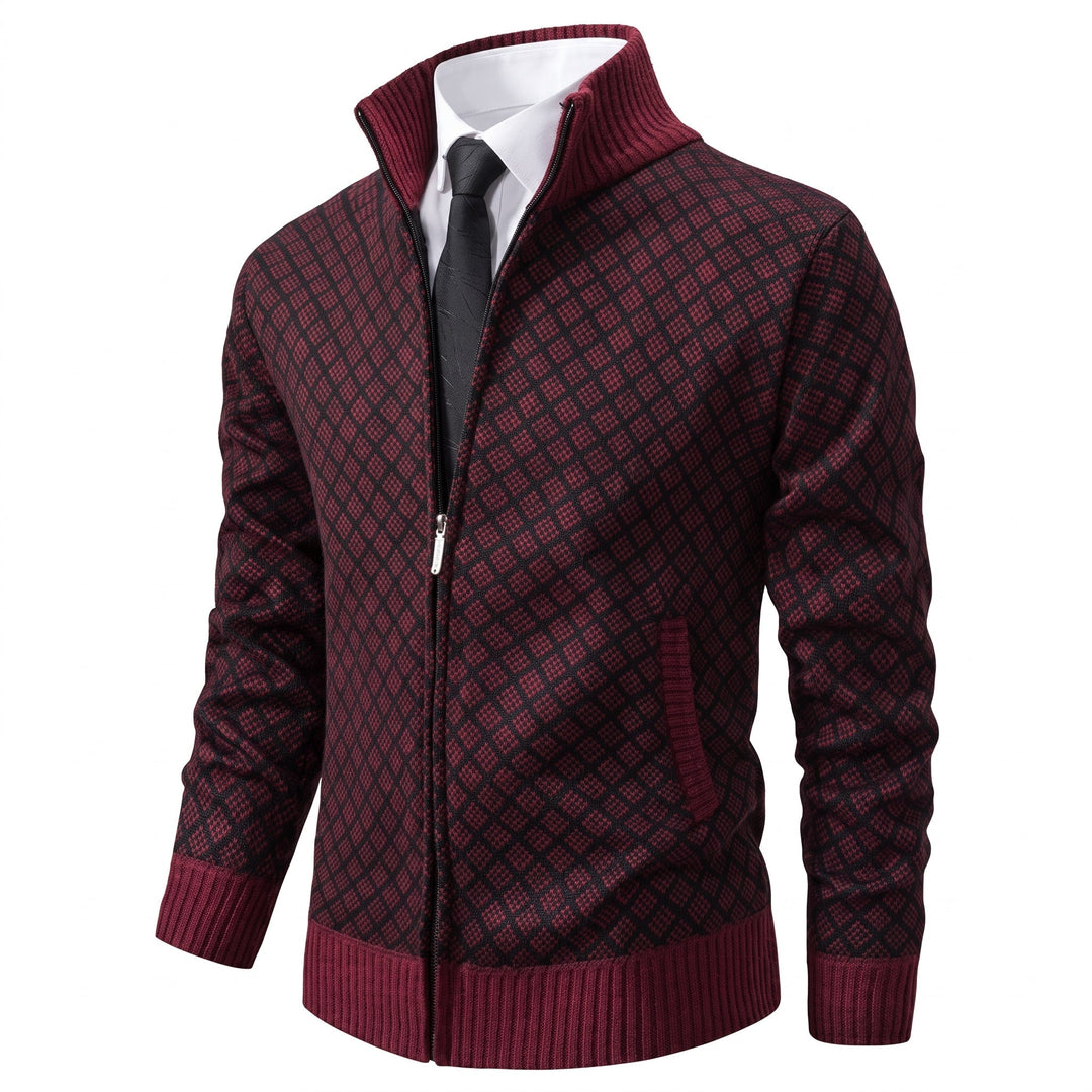 Zip Cardigan Mens Diamond Knit Stand Collar Side Pockets Ribbed Hem Slim Fit - image 4