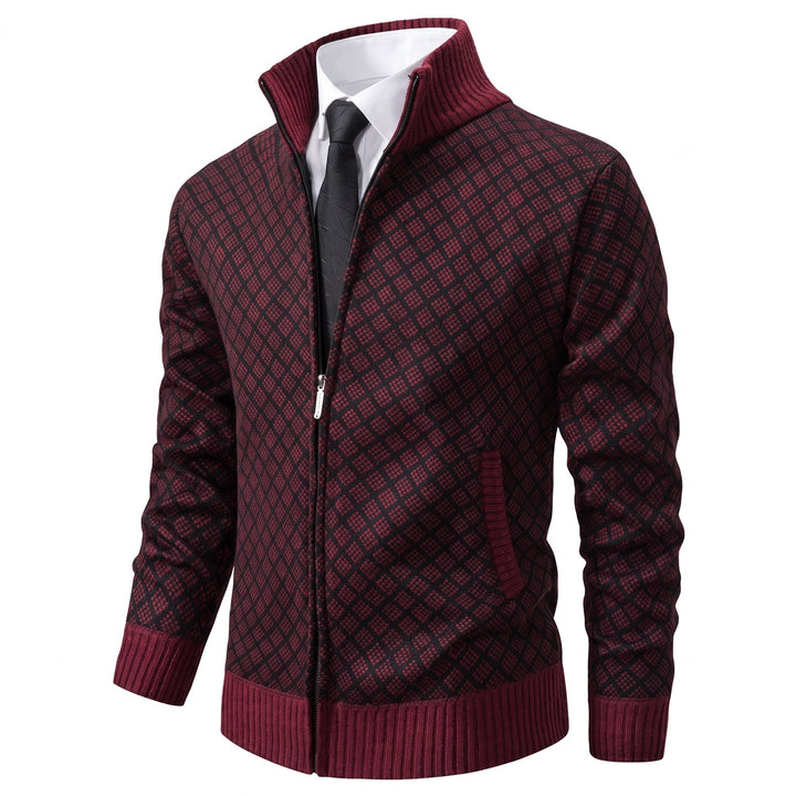 Zip Cardigan Mens Diamond Knit Stand Collar Side Pockets Ribbed Hem Slim Fit - image 4