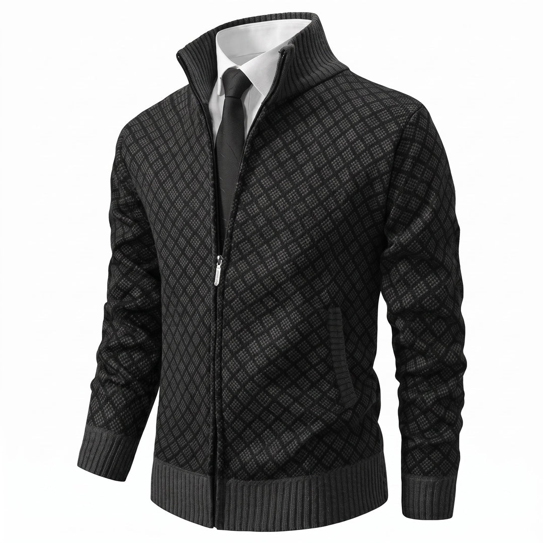 Zip Cardigan Mens Diamond Knit Stand Collar Side Pockets Ribbed Hem Slim Fit - image 1