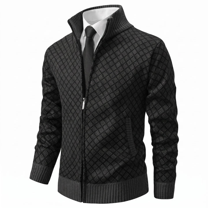 Zip Cardigan Mens Diamond Knit Stand Collar Side Pockets Ribbed Hem Slim Fit - image 1