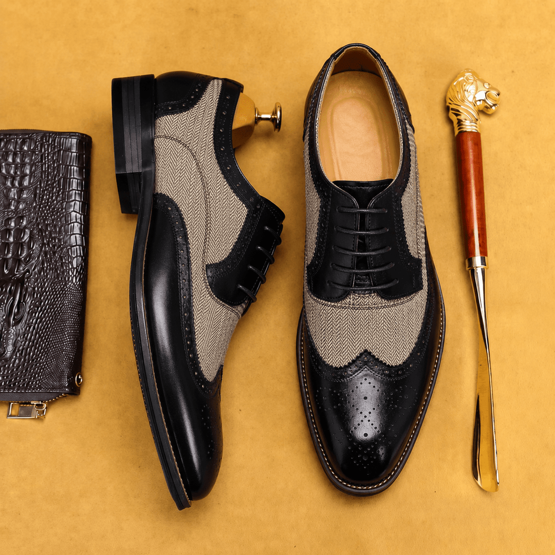 Brogue Shoes Mens Wingtip Two Tone Lace Up Formal Wedding Low Block Heel Leather Look - image 5