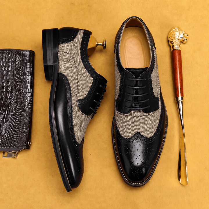 Brogue Shoes Mens Wingtip Two Tone Lace Up Formal Wedding Low Block Heel Leather Look - image 5