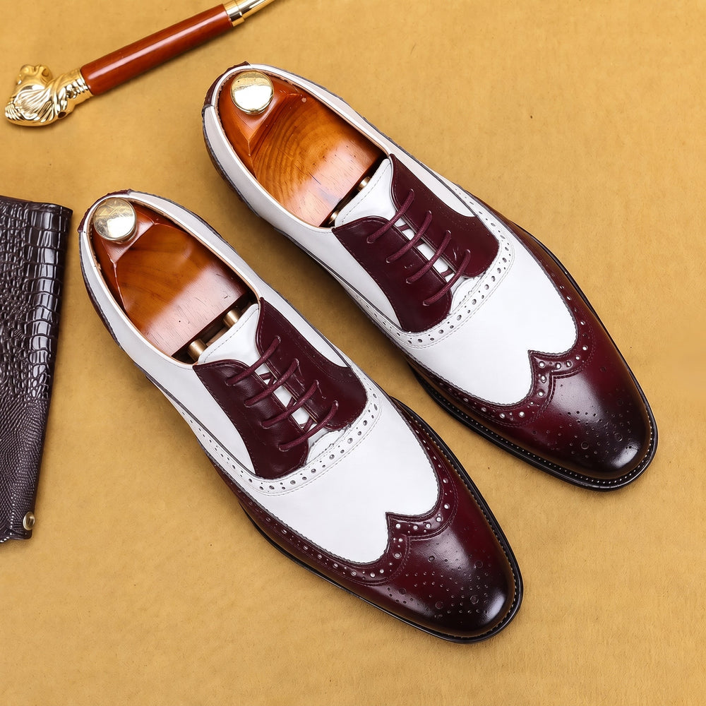 Brogue Shoes Mens Wingtip Two Tone Lace Up Formal Wedding Low Block Heel Leather Look - image 2