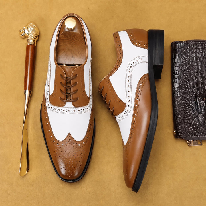 Brogue Shoes Mens Wingtip Two Tone Lace Up Formal Wedding Low Block Heel Leather Look - image 4