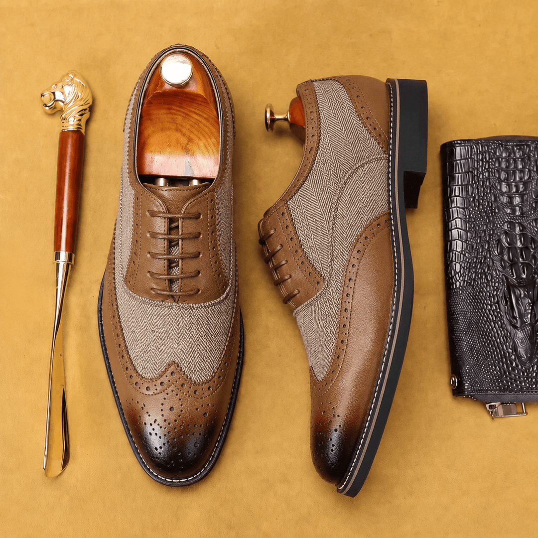 Brogue Shoes Mens Wingtip Two Tone Lace Up Formal Wedding Low Block Heel Leather Look - image 3