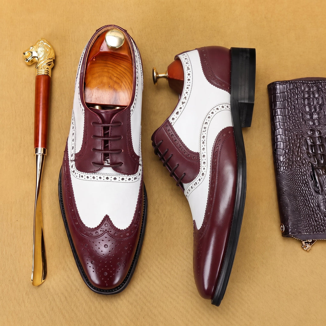 Brogue Shoes Mens Wingtip Two Tone Lace Up Formal Wedding Low Block Heel Leather Look - image 1
