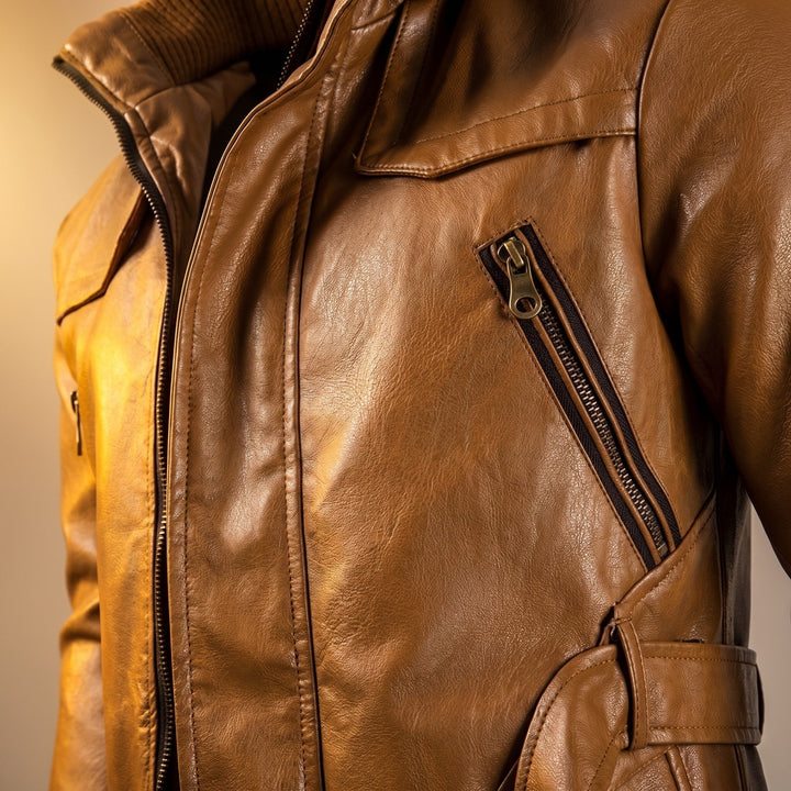 Faux Leather Jacket Mens Hooded Longline Fleece Lined Belted Waist Zip Pockets Stand Collar - image 4