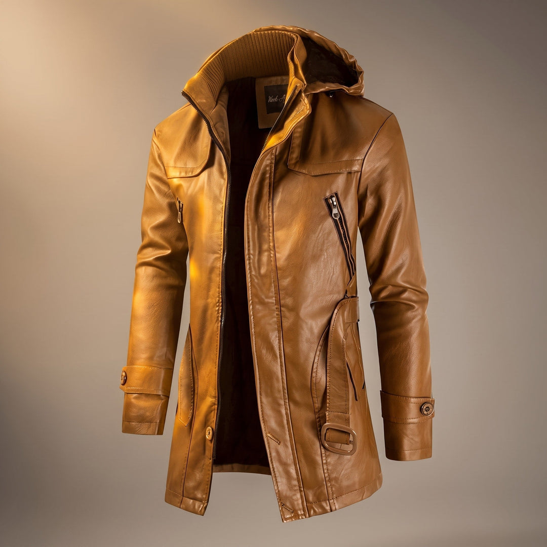 Faux Leather Jacket Mens Hooded Longline Fleece Lined Belted Waist Zip Pockets Stand Collar - image 1