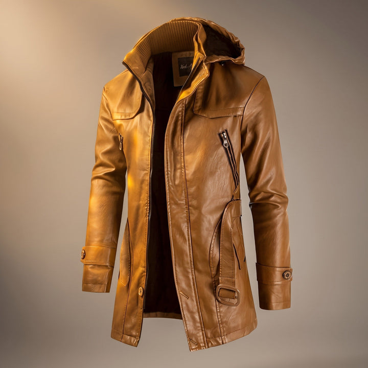 Faux Leather Jacket Mens Hooded Longline Fleece Lined Belted Waist Zip Pockets Stand Collar - image 1