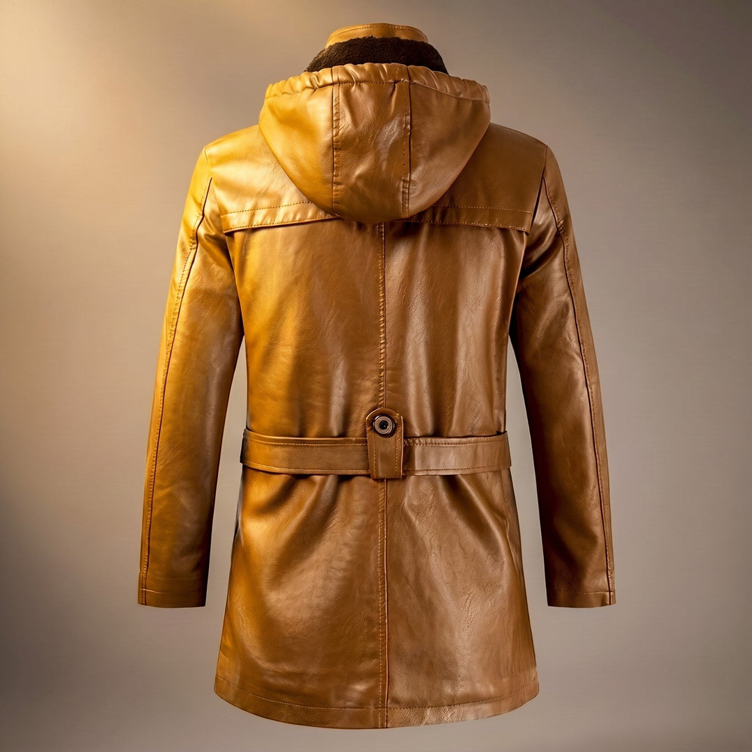 Faux Leather Jacket Mens Hooded Longline Fleece Lined Belted Waist Zip Pockets Stand Collar - image 2