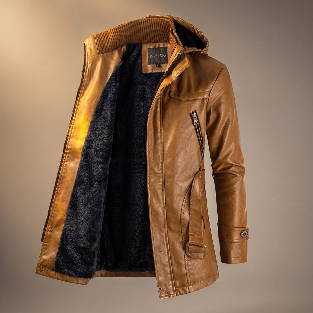 Faux Leather Jacket Mens Hooded Longline Fleece Lined Belted Waist Zip Pockets Stand Collar - image 3