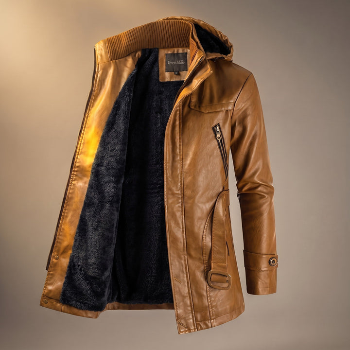 Faux Leather Jacket Mens Hooded Longline Fleece Lined Belted Waist Zip Pockets Stand Collar - image 3