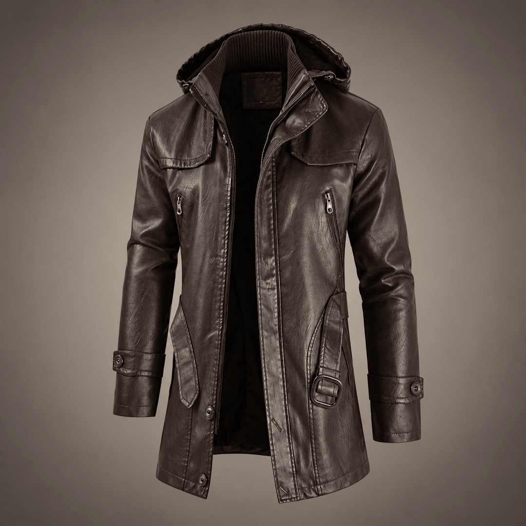 Faux Leather Jacket Mens Hooded Longline Fleece Lined Belted Waist Zip Pockets Stand Collar - image 6