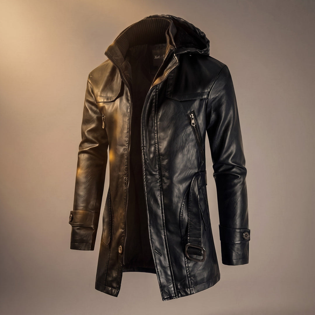 Faux Leather Jacket Mens Hooded Longline Fleece Lined Belted Waist Zip Pockets Stand Collar - image 5